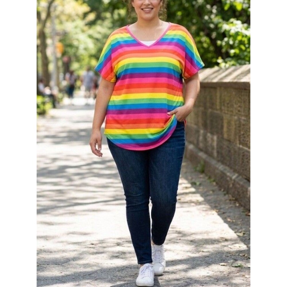 Boho Pride Rainbow Stripe Oversized Top 3XL Retro Colorful V-Neck Tunic Shirt